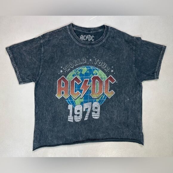ACDC Crop World Tour 1979 Retro Graphic Women Small Gray Acid Wash Music - Picture 1 of 5